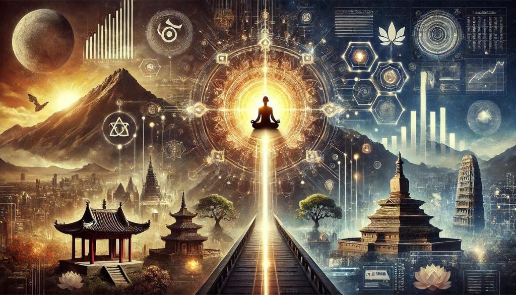 Illustration of mindfulness and ancient wisdom, showing a modern practitioner exploring koan meditation