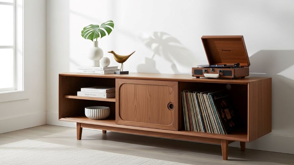 Mid century modern walnut media console with sliding doors and open shelving displaying decorative objects in minimalist space
