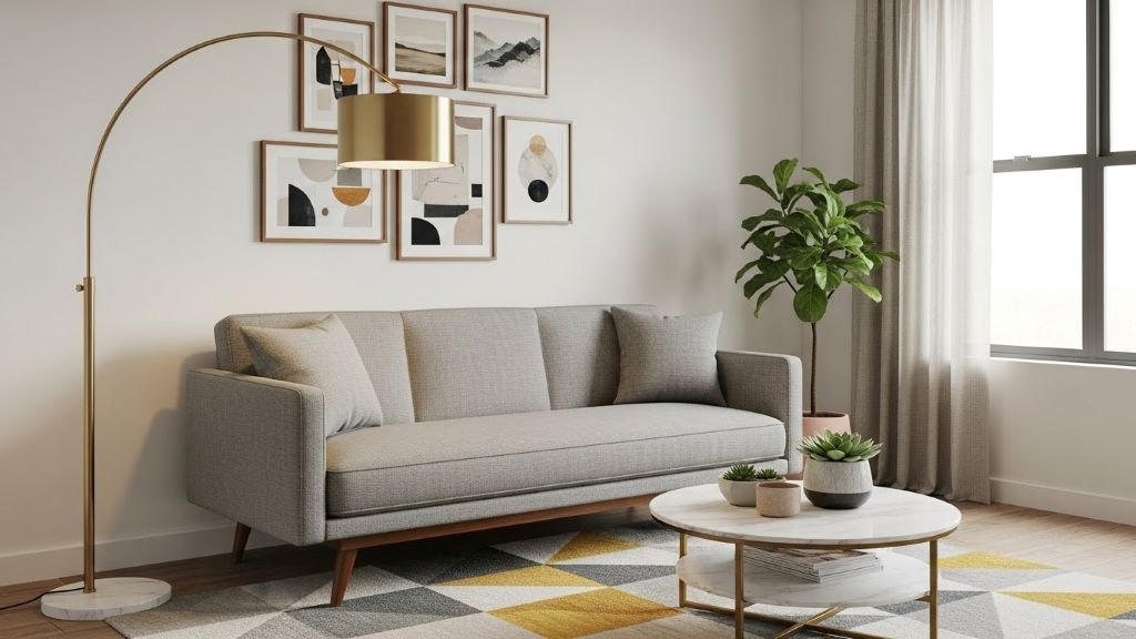 Compact mid century modern sofa with tapered wooden legs and gray upholstery in small contemporary living room