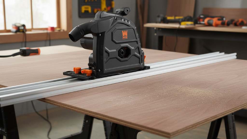 WEN track saw aligned on guide rail ready for plunge cut