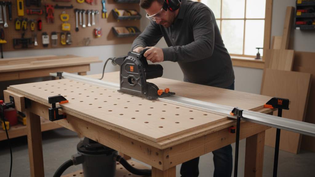 Woodworker using a track saw to make precise straight cut through plywood sheet on workbench