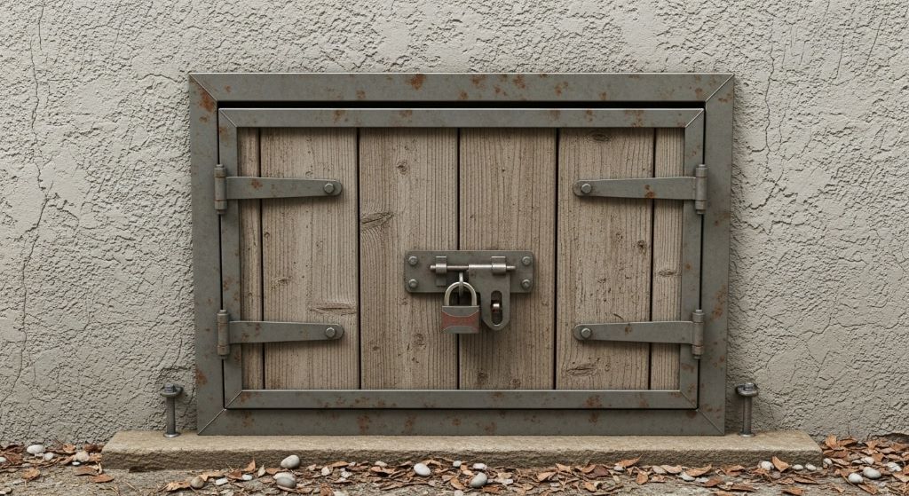 Exterior crawl space access door with metal frame and lock installed in home foundation wall