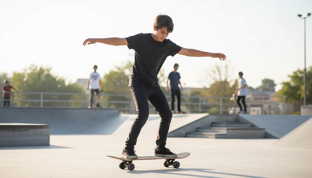 Beginner skater balancing on a complete 8-inch popsicle deck in a park