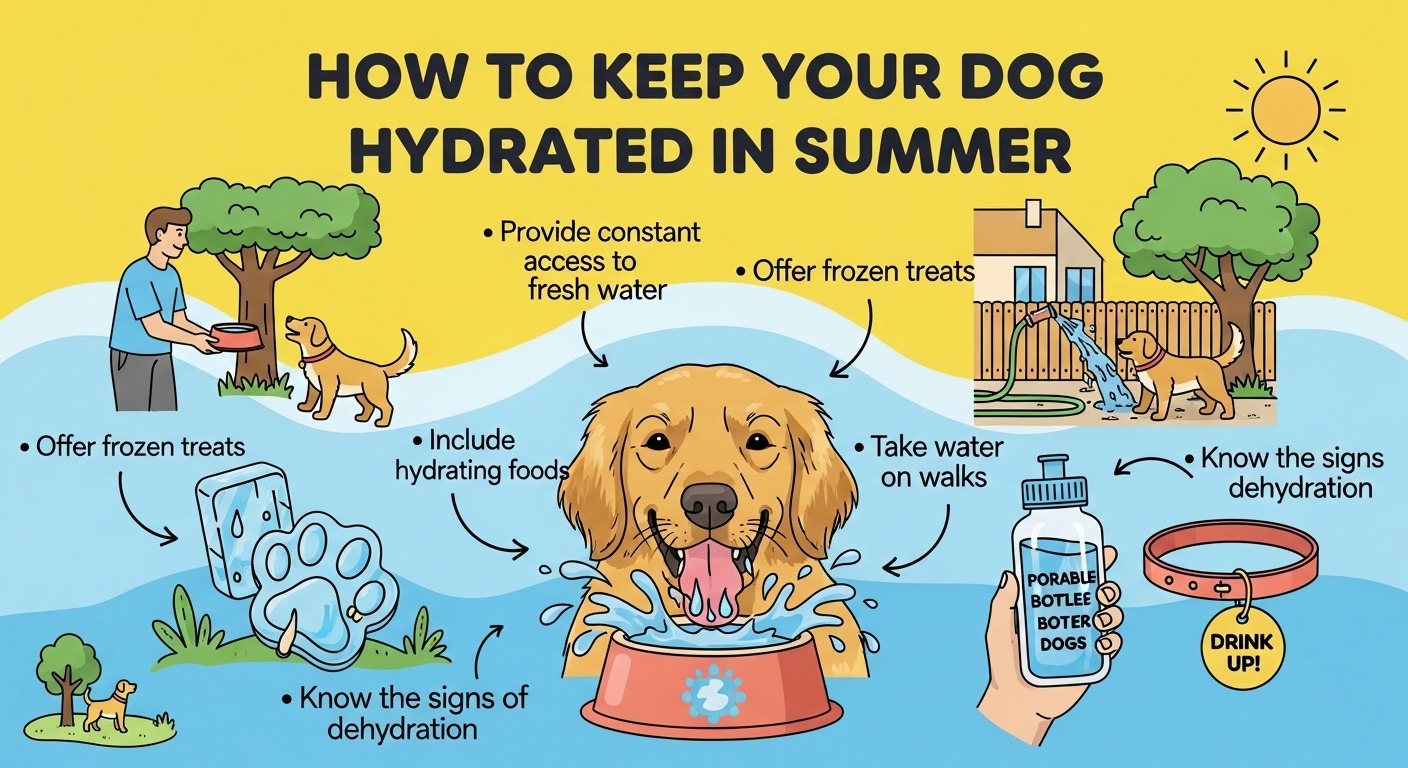 Dog drinking fresh water from stainless steel bowl in shaded backyard during summer heat