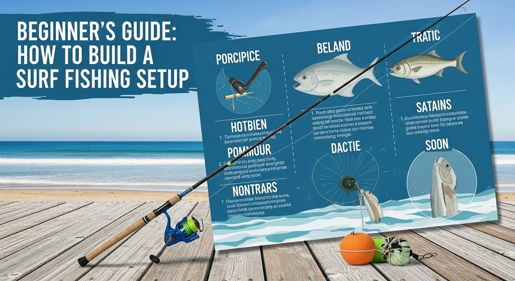 Beginner surf fishing setup with rod and reel on beach