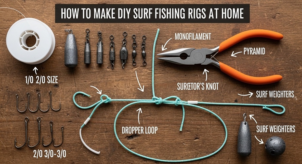 Step-by-step homemade surf fishing rig with dropper loops and pyramid sinker on white background