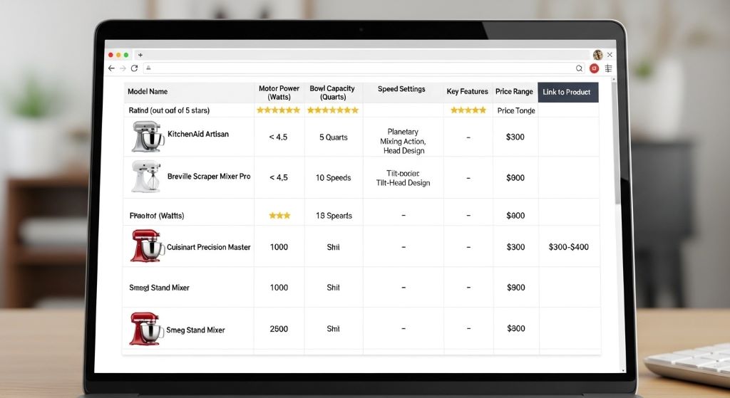 Comparison chart showing different stand mixer models with ratings and specifications side by side on computer screen