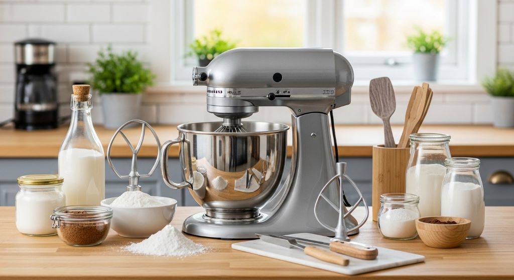 Kitchen stand mixer on countertop with various baking ingredients and attachments displayed around it