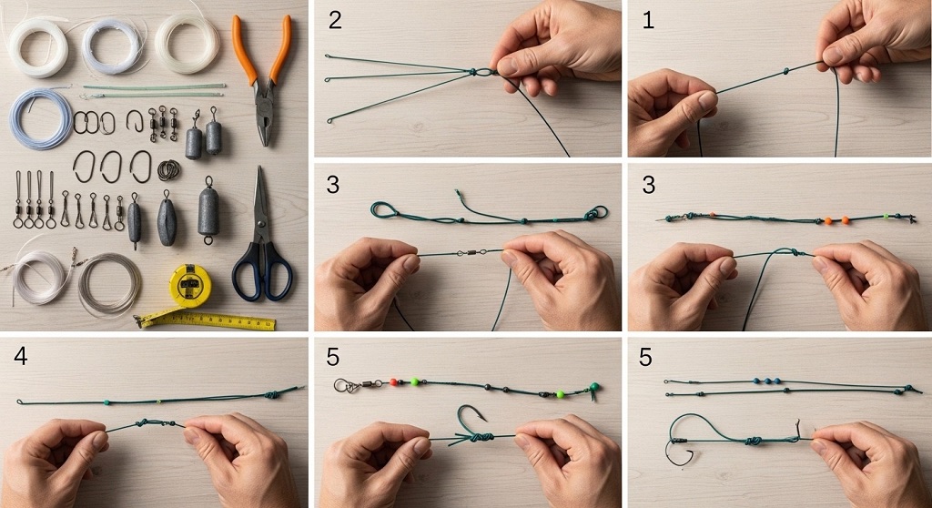High-low DIY surf rig components including swivels, hooks, and sinker laid out for assembly