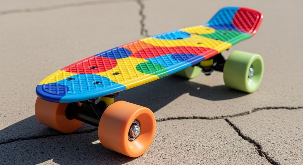 Colorful toddler skateboard with soft wheels and textured grip tape on concrete surface