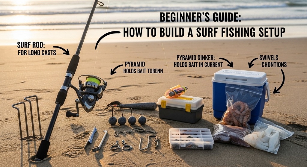 Surf fishing rig with pyramid sinker and hooks