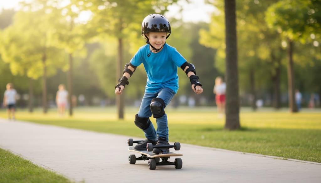 Young rider wearing full safety gear including helmet and pads while pushing on a beginner board