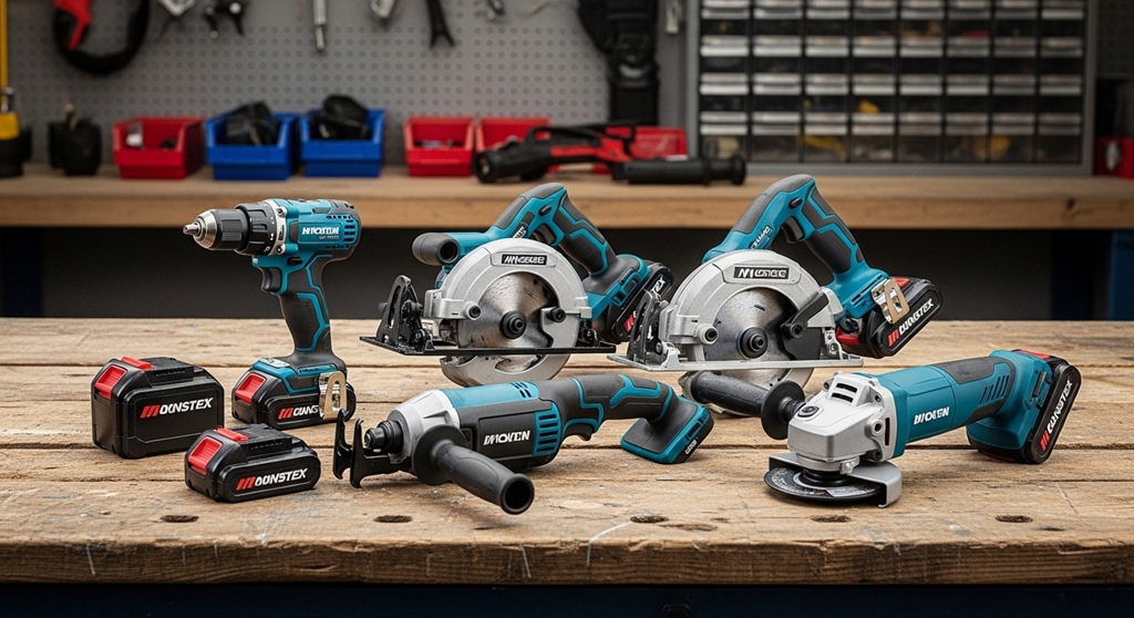 Professional using cordless saw for wood cutting