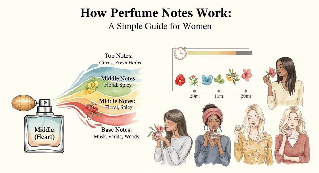 Perfume fragrance pyramid showing top notes heart notes and base notes