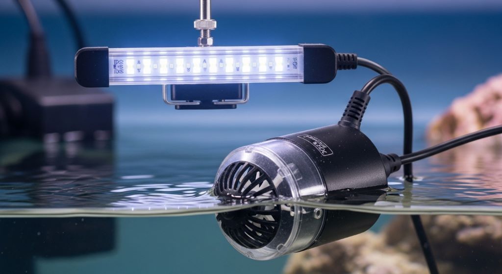 Close-up of budget aquarium gear including LED light and powerhead for reef tank