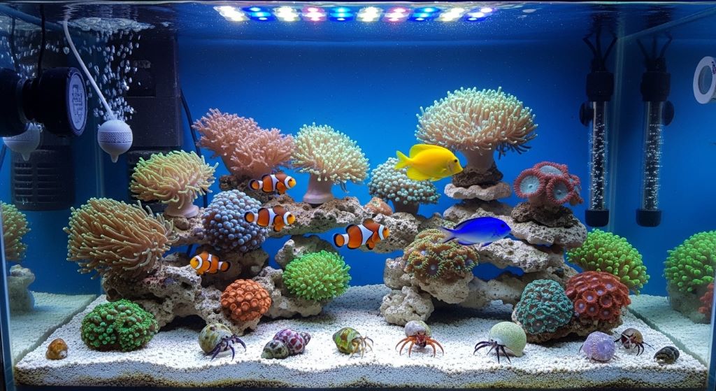 Colorful home reef aquarium with corals and fish set up using affordable equipment