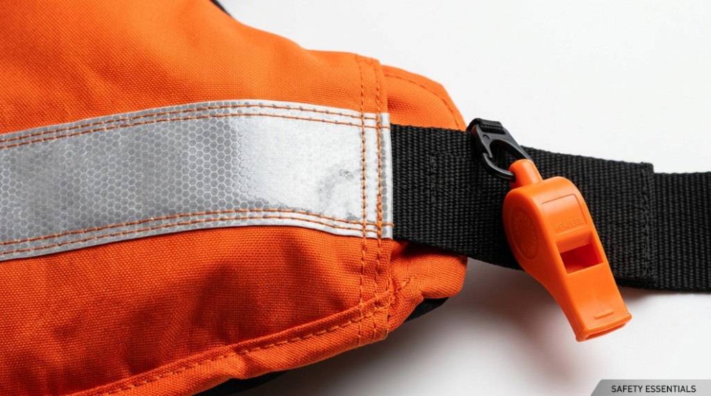 Fishing angler adjusting certified life jacket straps before boating trip