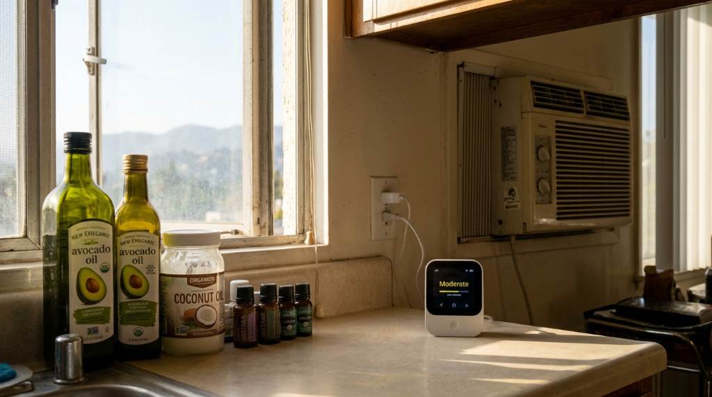 Essential oils bottles arranged on wooden table with sunlight in apartment