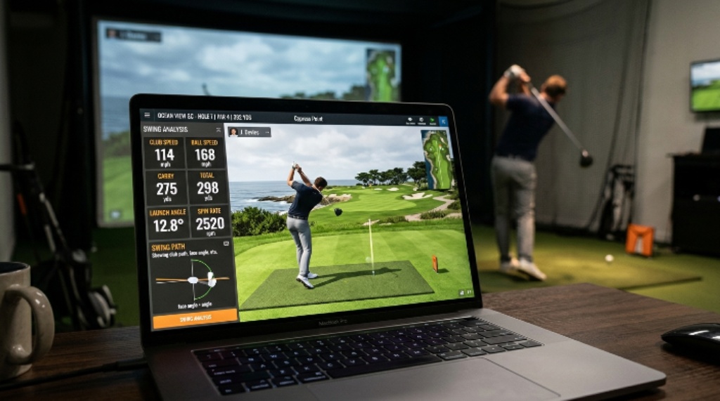Close-up of a laptop screen displaying a 3D golf course in simulation software during a swing session
