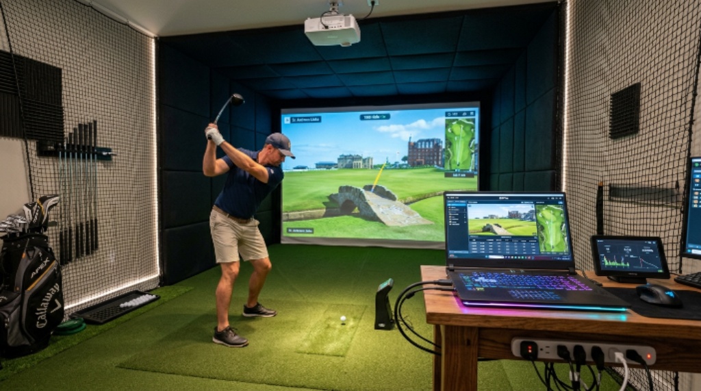 A gaming laptop connected to a golf simulator projector setup in a home hitting bay