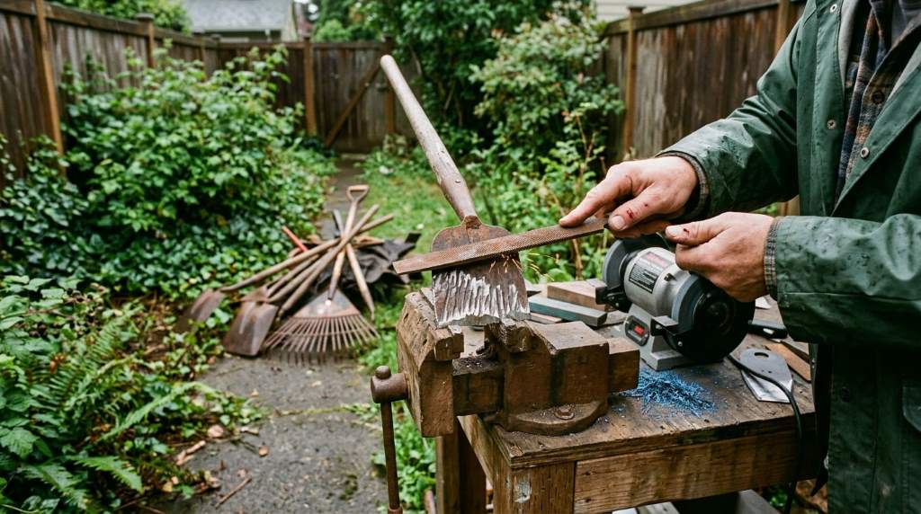 Old rusty garden hoe being sharpened in a Portland backyard workshop