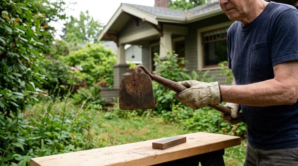 Portland gardener using a hand file to sharpen a vintage garden hoe correctly