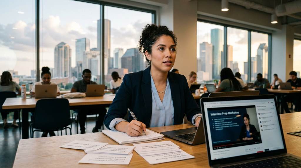Recruiter interviewing prepared applicant during Houston job hiring process