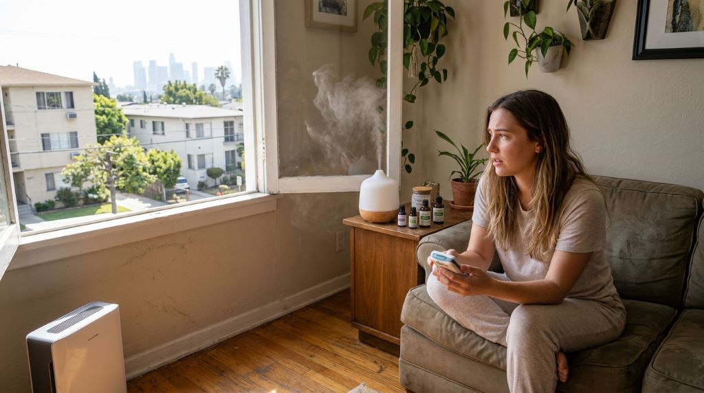 Small Los Angeles apartment with diffuser releasing essential oil mist near window