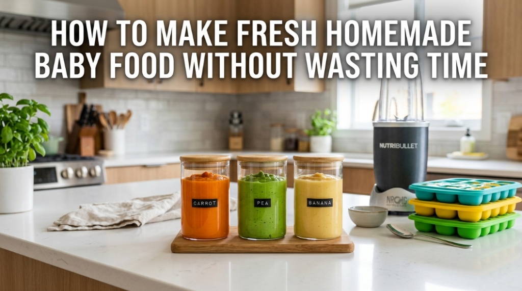 Baby food processor blending steamed carrots and peas
