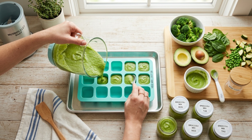 Parent portioning fresh homemade baby food into freezer trays