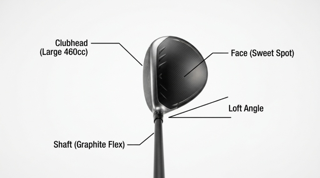 Close-up of a titanium golf driver resting on a white tee on a grassy driving range.