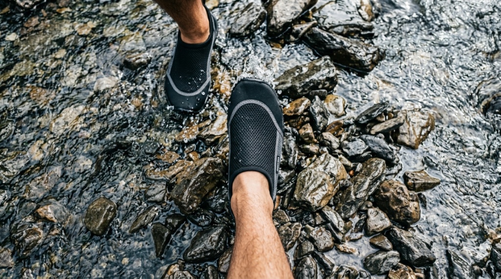 Blue flexible water socks resting on a sunny beach rock near ocean waves.
