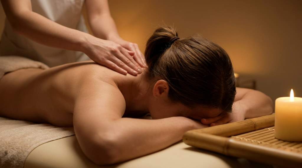 Woman practicing deep belly breathing on a spa massage table during a relaxation session