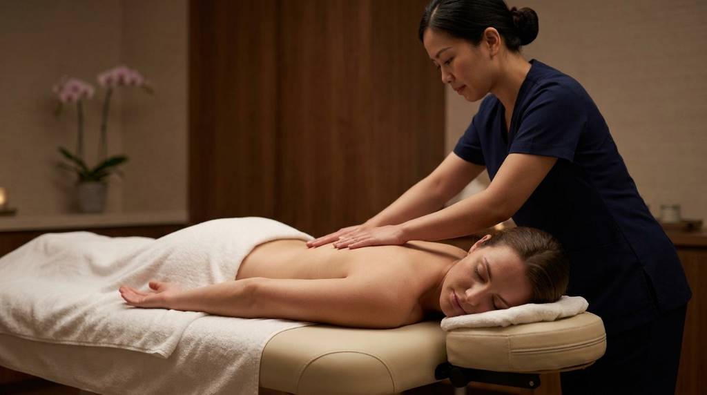a person breathing slowly during a hot stone spa massage treatment