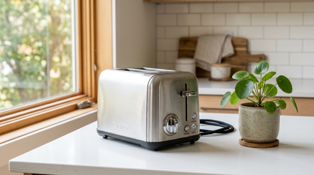 Person placing bread into a mini toaster in a small kitchen