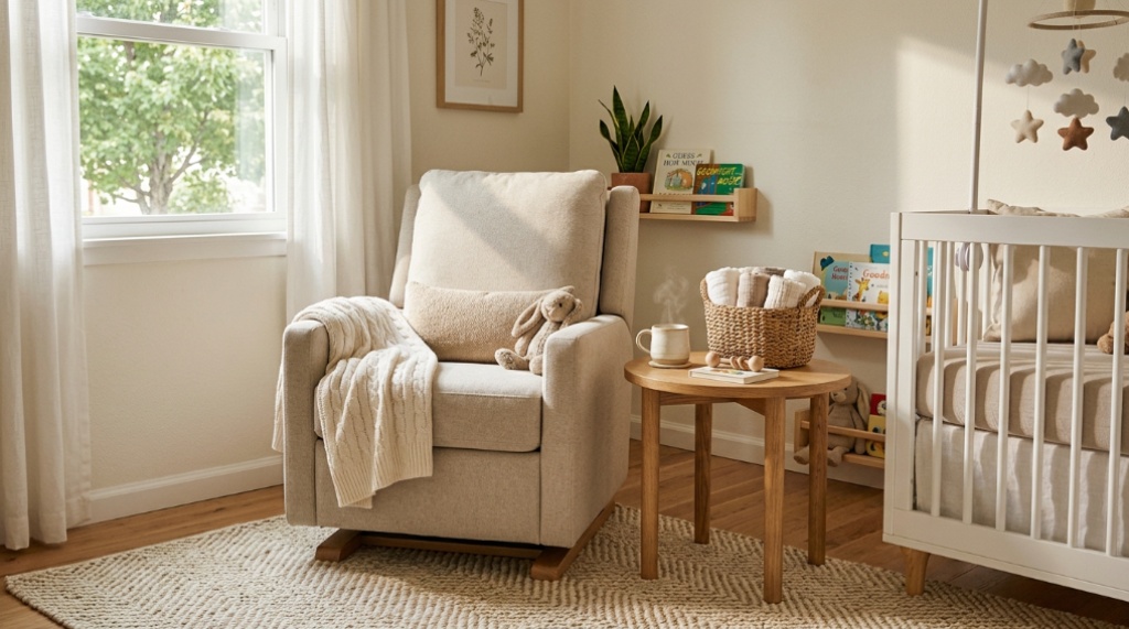 Mother using a supportive nursing pillow in a comfortable armchair.