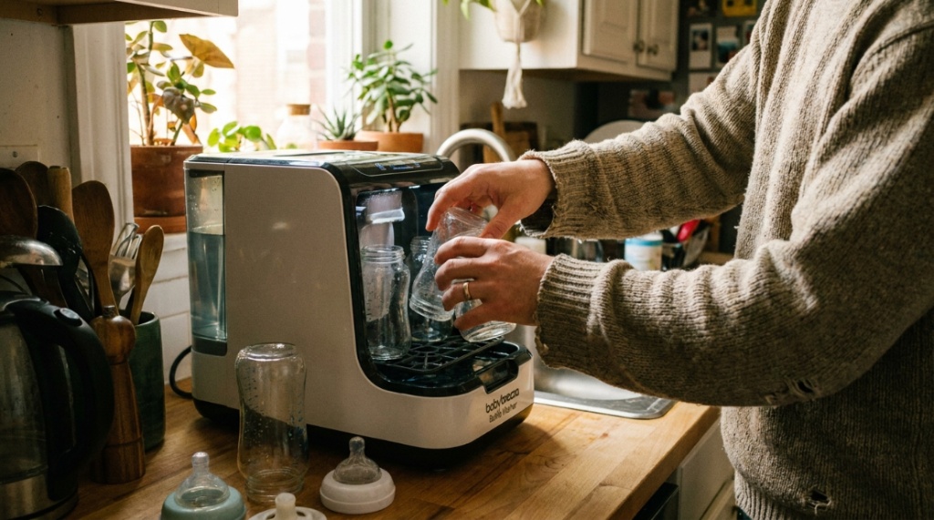 A close-up, realistic lifestyle shot of a person easily loading baby bottles into a compact automated countertop bottle washer in a cozy urban kitchen.