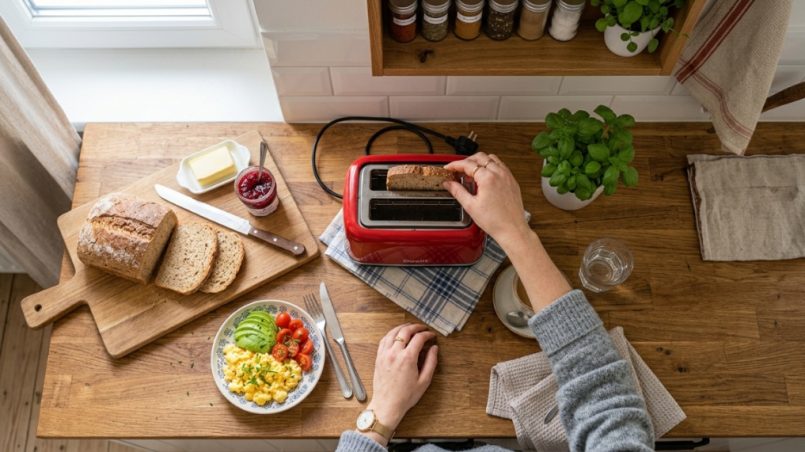 Stainless steel compact toaster on a modern kitchen counter