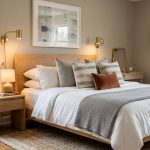 A cozy bed styled with vibrant decorative pillows and neutral linens.