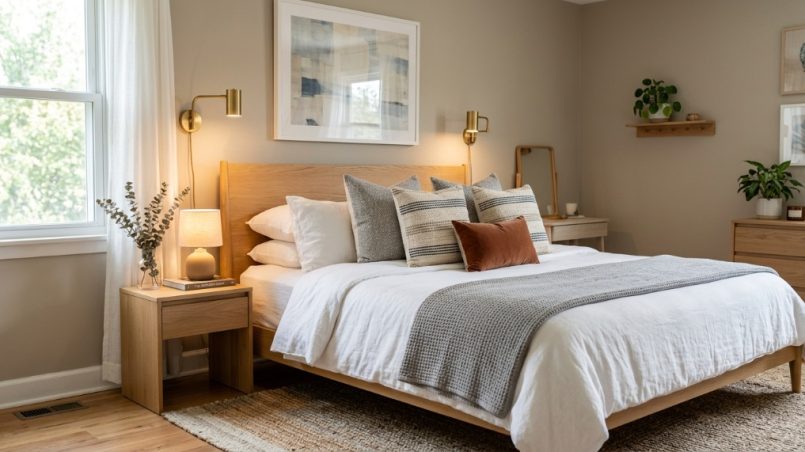 A cozy bed styled with vibrant decorative pillows and neutral linens.