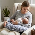 Cozy nursing armchair with soft cushions and a side table in a bright nursery.