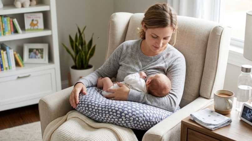 Cozy nursing armchair with soft cushions and a side table in a bright nursery.