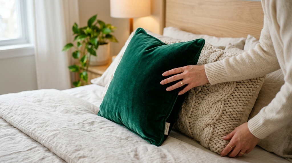Close-up of hands arranging soft velvet and linen throw pillows.